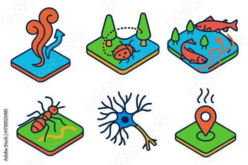 Olfactory Journey Icons. Isometric vector illustration set Olfactory maps: odor plume visualization, insect navigation, salmon
