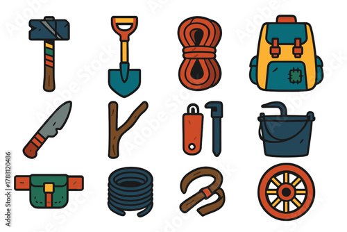 Post-Apocalyptic Tools Icons. Flat vector icons of Post-Apocalyptic Tools: hammer from scrap, makeshift shovel, rope bundle,