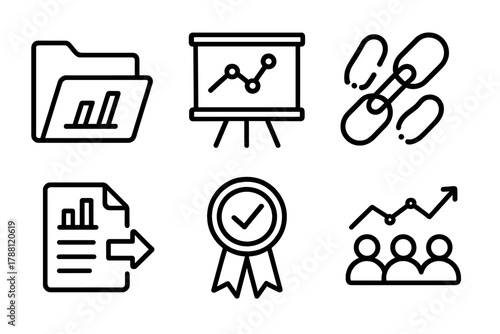 Transparency Icons Collection. Line style icons of Reporting and Transparency: open report folder, shared metric board, audit