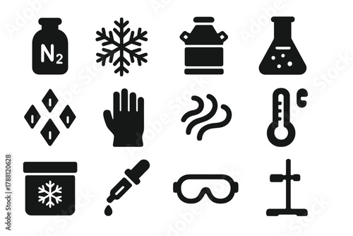 Cryogenics Icon Set. Solid style icons of Cryogenics: Liquid Nitrogen, Frost, Storage Dewar, Lab Flask, Ice Crystals, Safety