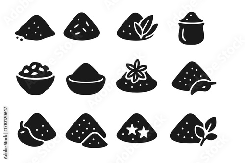 Spice Blend Icons. Solid style icons of spice blends: curry powder, garam masala, za’atar, harissa paste, chili flakes, paprika,