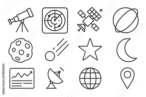 Asteroid Tracking Icons. Line style icons of Asteroid Tracking: Telescope, Radar, Satellite, Orbit Path; Asteroid, Comet, Star,