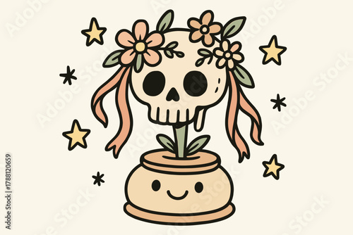 Floral Doodle Delight. Sweet doodle vector illustration of a specimen decorated with flowers and ribbons, sitting on a happy base
