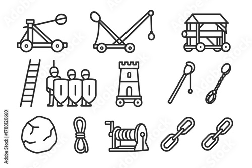 Siege Weapon Icons. Line style icons of Siege Weapons: Catapult, Trebuchet, Ballista, Ram; Ladder, Shield Wall, Tower, Sling;