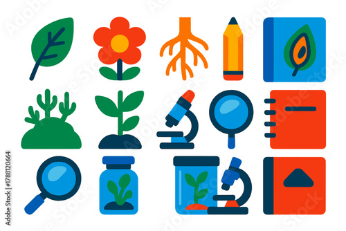 Botanical Study Icons. Flat vector icons of Botanical Study: plant leaf, flower, root, seed pod, moss, stem, pencil, sketchbook,