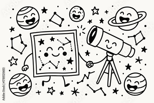 Celestial Playtime Doodles. Funny doodle vector composition of a star map holding hands with a telescope, surrounded by giggling