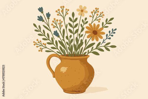 Rustic Wildflower Vase. Artistic ceramic vase filled with fresh wildflowers, vector illustration rustic and charming tones, soft
