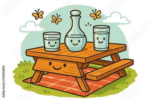 Joyful Picnic Scene. Playful picnic table with smiling glasses, decanter, and tiny doodle butterflies fluttering above