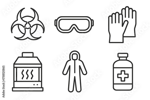 Laboratory Safety Icons. Line style icons of laboratory safety: biohazard symbol, safety goggles, gloves, fume hood, protective