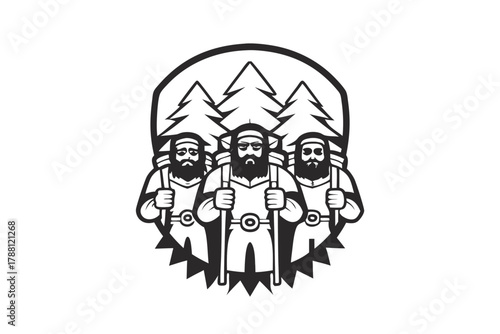 Three bearded hikers holding trekking poles stand before pine trees within a monochrome emblem