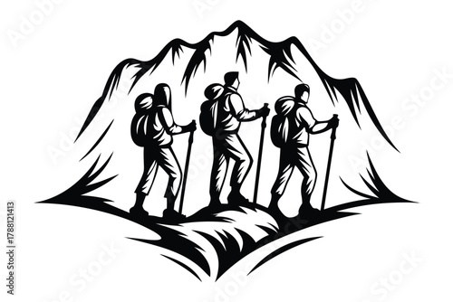 Three hikers with backpacks and trekking poles scale a mountain in silhouette style