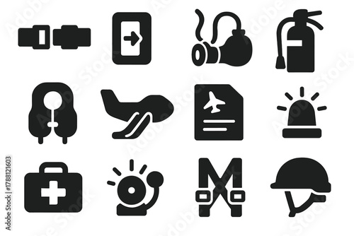 Flight Safety Icons. Solid style icons of flight safety: seatbelt, emergency exit door, oxygen mask, fire extinguisher, flotation