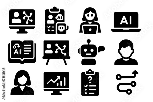 AI Classroom Icons. Solid style icons of AI in Classrooms: adaptive learning platform, automated grading, virtual tutor, laptop, e