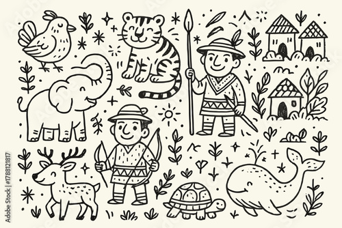 Whimsical Ethnozoology Scene. Whimsical doodle ethnozoology scene with smiling animals, cartoon hunters with friendly faces,