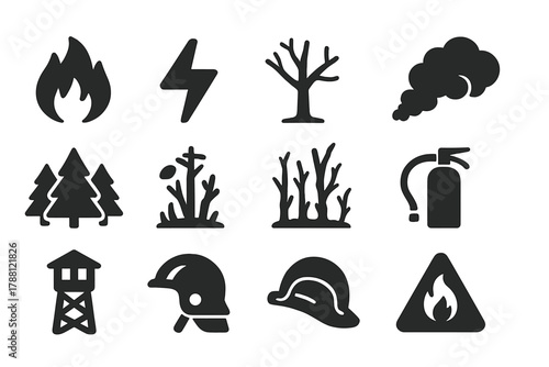 Ecological Fire Impact Icons. Solid style icons of Ecological Impact of Fires: wildfire flame, lightning strike, dry tree, smoke,