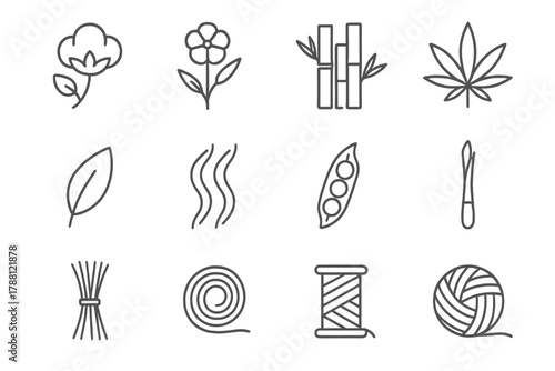 Textile Plant Icons. Line style icons of Textile Plants & Materials: Cotton Plant, Flax, Bamboo, Hemp; Leaf, Fiber, Pod, Stem;