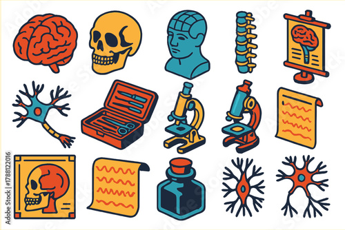 Vintage Neurology Icons. Isometric vector illustration set Vintage Neurology: anatomical brain hemisphere, aged skull study,