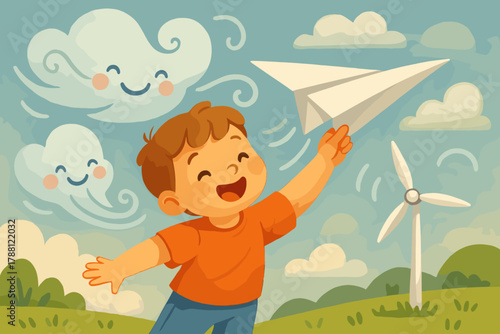 Child's Paper Plane Adventure. Adorable child flying a paper plane powered by smiling wind currents near a tiny turbine