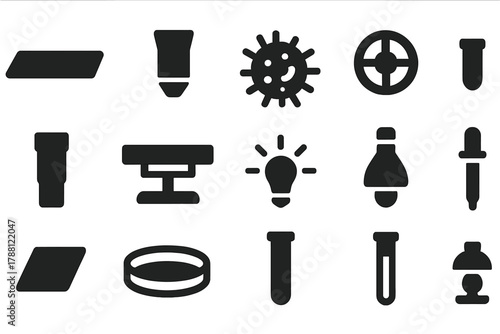 Microscope Essentials Icons. Solid style icons of microscope essentials: slide, lens, bacteria, adjustment knob, eyepiece, stage,