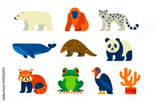 Endangered Animals Icons. Flat vector icons of Endangered Animals: polar bear, sea turtle, orangutan, snow leopard, blue whale,