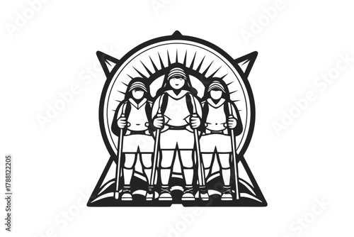 Three monochromatic hikers are ready with their trekking poles and compass background for adventure