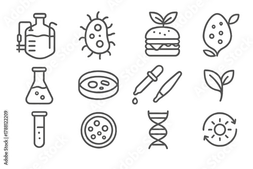 Food Biotechnology Icons. Line style icons of Food Biotechnology: Fermentation Vessel, Microbe, Sustainable Protein, Future Food;