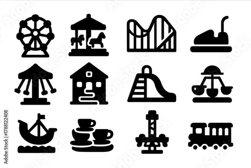 Carnival Ride Icons. Solid style icons of carnival rides: Ferris wheel, carousel, roller coaster, bumper car, swing ride, funhouse