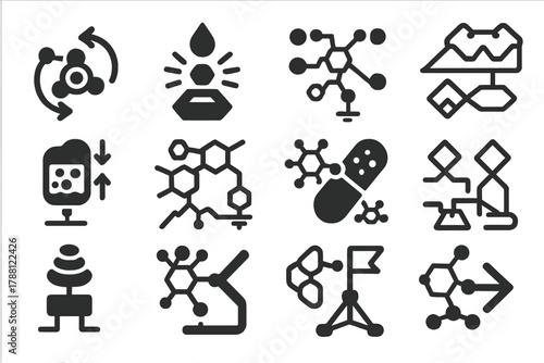 Supramolecular Device Icons. Solid style icons of advanced supramolecular devices: nanoscale motor, artificial sensor, molecular