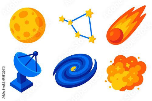 Cosmic Wonders Icons. Isometric vector illustration set Cosmic Wonders: lunar moon, constellation stars, galaxy swirl, fiery comet