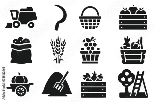 Harvest Icons Collection. Solid style icons of harvesting: combine harvester, sickle, basket, crate of apples, sack of potatoes,