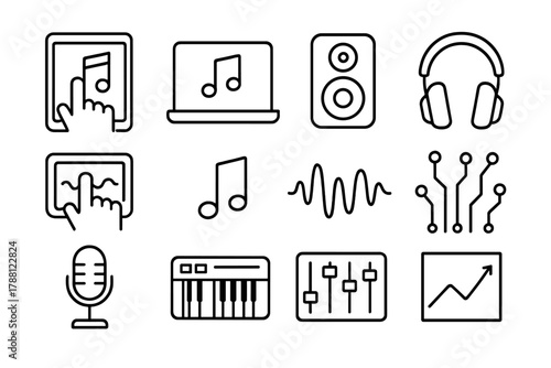 Interactive Music AI Icons. Line style icons of Interactive Music AI: Tablet, Laptop, Speaker, Headphones; Touch Interface, Note,