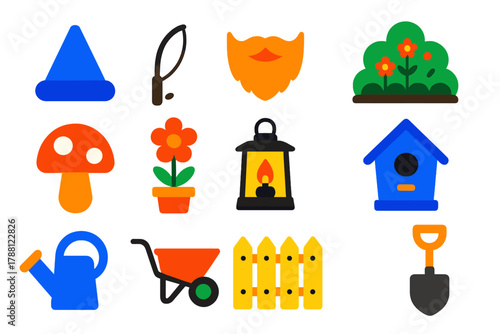 Garden Fantasy Icons. Flat vector icons of Garden Fantasy: pointy hat, fishing rod, beard, garden, mushroom, flower pot, lantern,