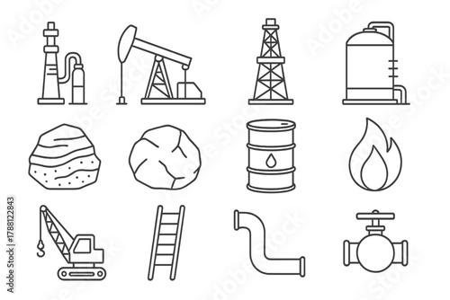 Fossil Fuel Icons. Line style icons of Fossil Fuel Extraction: Oil Drill, Pump Jack, Derrick, Storage Tank; Shale, Rock, Barrel,