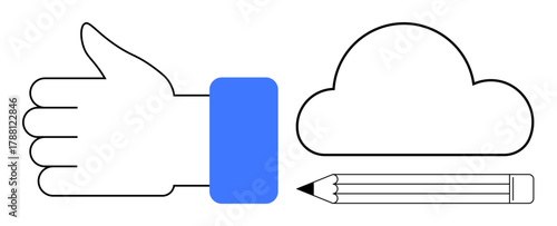 Hand giving thumbs up, cloud, and pencil in minimalist style. Ideal for creativity, teamwork, approval, feedback, innovation digital storage education. Simple flat metaphor