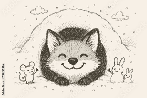Fox and Friends Peek. Happy fox nose poking out from a cozy den, tiny doodle mice and snow bunnies waving