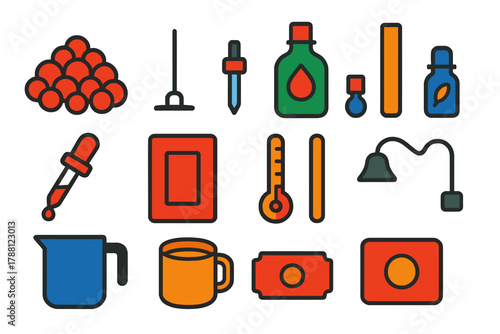 Scented Candle Icons. Flat vector icons of Scented Candle Making: wax, wick, fragrance oil, essential oil, dye, mold, thermometer,