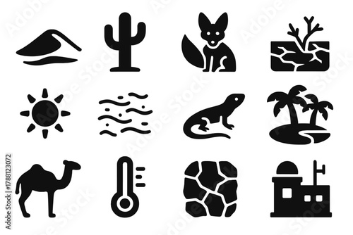 Desert Environment Icons. Solid style icons of Desert Environments: sand dune, cactus, desert fox, land degradation, sun,