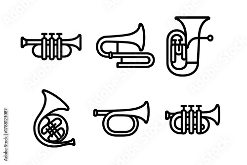 Brass Section Icons. Line style icons of brass section: trumpet, trombone, tuba, French horn, bugle, cornet. No text, No labels,
