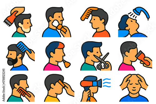 Barber Skill Icons. Flat vector icons of Barber Skills: trimming, shaving, styling, washing, combing, coloring, cutting, fading,