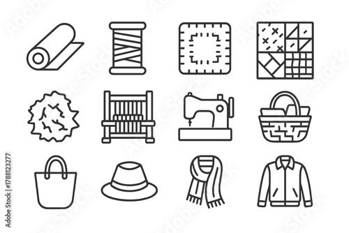 Recycled Textile Icons. Line style icons of Recycled Textiles: Fabric Roll, Thread Spool, Patch, Quilt; Shredded Textile, Loom,
