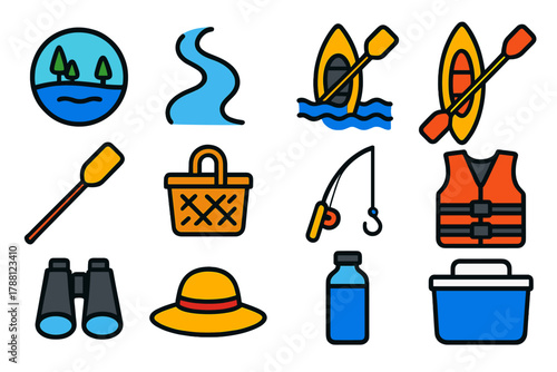 Recreational Canoeing Icons. Flat vector icons of Recreational Canoeing: lake, river, canoe, kayak, paddle, picnic basket, fishing