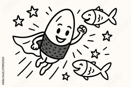 Rice Superhero Adventure. Funny doodle vector composition of a rice grain superhero wearing a nori cape, flying around smiling