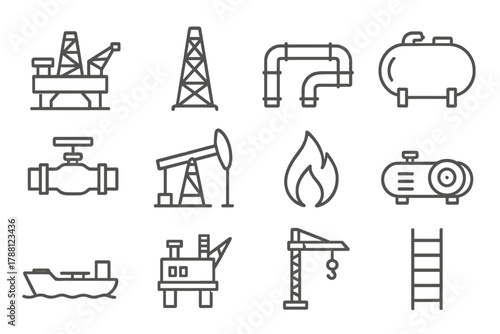Oil & Gas Line Icons. Line style icons of Oil & Gas Infrastructure: Oil Rig, Derrick, Pipeline, Storage Tank; Gas Valve, Pump,