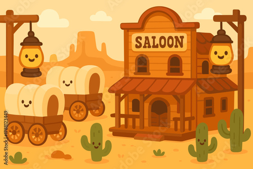 Charming Desert Town. Cheerful desert town with saloon, wagons, and smiling lanterns, all simplified and cute