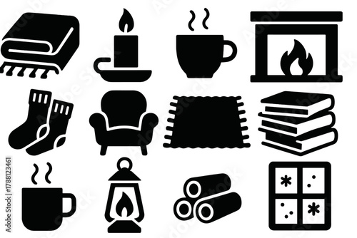 Hygge Icons Collection. Solid style icons of Hygge Moments: Blanket, Candle, Hot Drink, Fireplace, Wool Socks, Chair, Rug, Stack