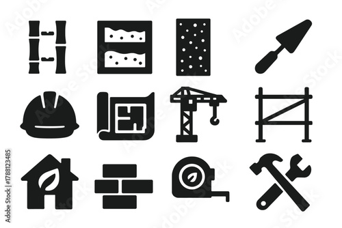 Eco-Friendly Construction Icons. Solid style icons of Eco-Friendly Construction: bamboo structure, rammed earth, hempcrete panel,