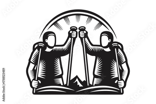 Two hikers triumphantly hold hiking poles above a mountain peak under a radiant arch