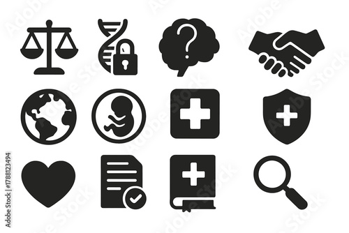 Bioethics Icon Set. Solid style icons of Bioethics: scales of justice, DNA strand with lock, brain with question mark, handshake,