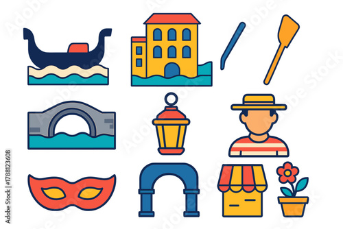 Venetian Icon Set. Flat vector icons of Venetian Scenery: gondola, Venice, canal, oar, bridge, building, lantern, gondolier, mask,