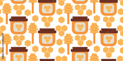 Seamless pattern featuring a honey jar, honeycomb, and dipper. Perfect for harvest, organic food, packaging, fabric, and wrapping designs.
